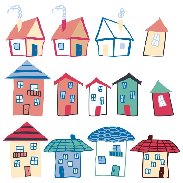かわいい家を集めなさい ナイーブ幼稚なスタイル 市の屋根 — ストックベクタ