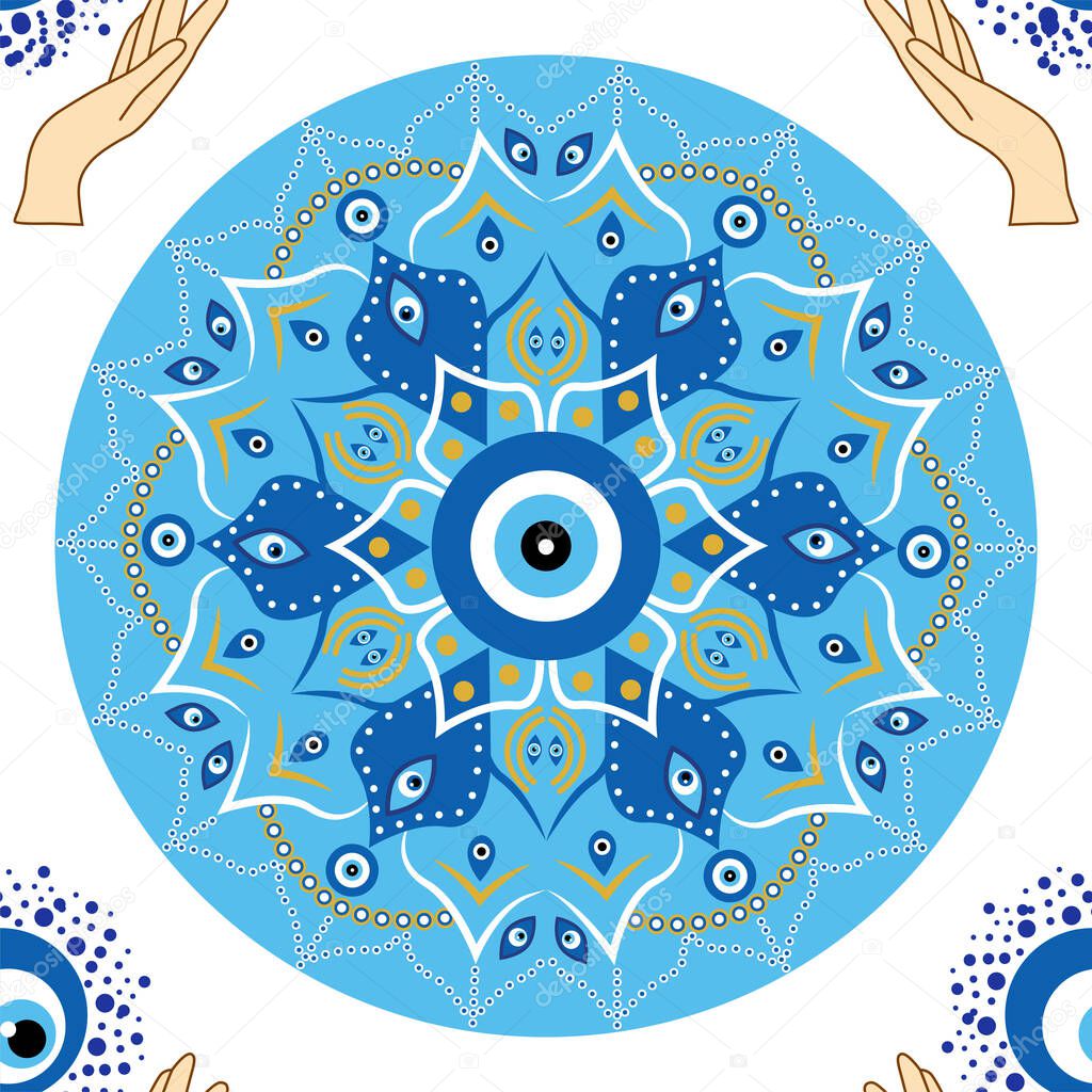 Evil eye seamless pattern. Magic, witchcraft, occult symbol. Hamsa eye, magical eye, decor element. Blue white golden eyes. Fabric textile giftware wallpaper