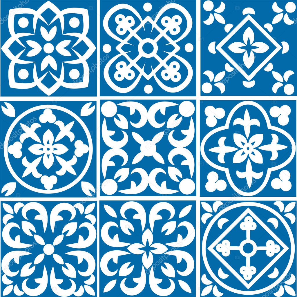 Portuguese seamless pattern with azulejo tiles. Gorgeous seamless patchwork pattern from colorful Moroccan tiles, ornaments. wallpaper, pattern fills, web page background,surface textures.