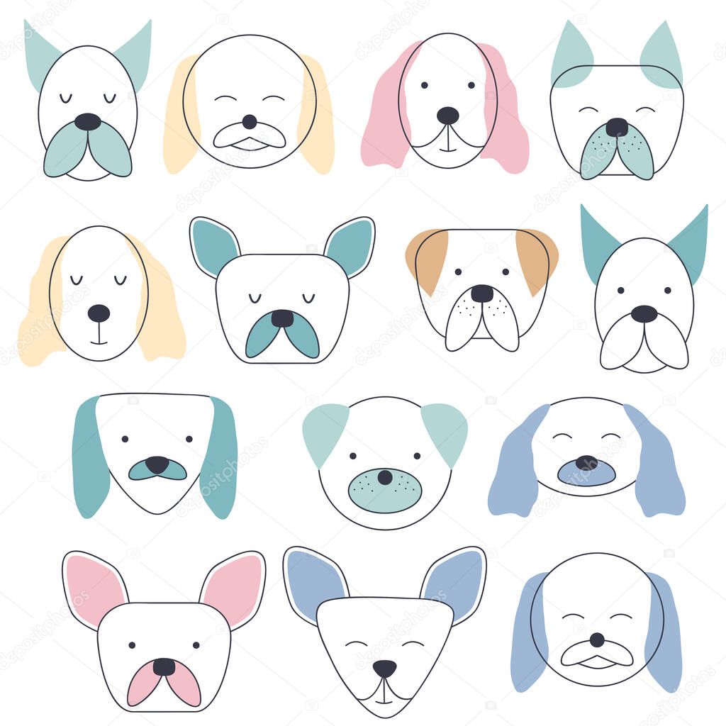Collection of facial expressions of different breeds of dogs. Cute baby style, suitable for newborn