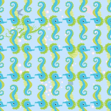 Deniz atı, deniz sakinleri kusursuz desen, deniz kabukları arasında güzel bir karakter, deniz yosunu, denizyıldızı, deniz yaban hayatı.