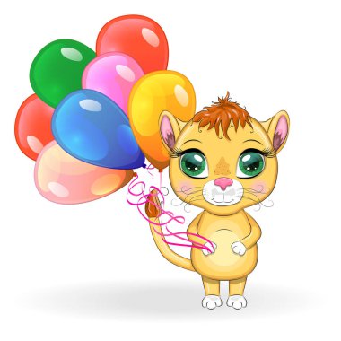 Çocukların parlak tarzında, balonlu, kocaman gözleri olan sevimli çizgi film aslanı tebrik kartı.