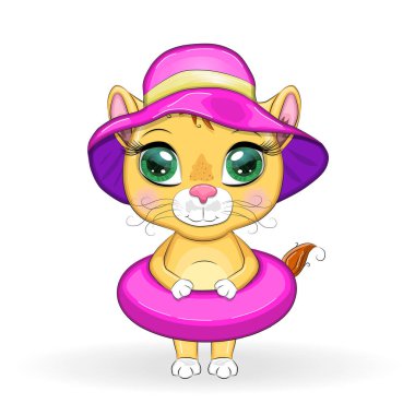 Çizgi film aslanı, yüzme çemberi, şapka, gözlük. Güzel gözlü, çocuksu bir karakter. Yaz tatili kavramı