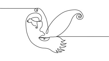 Portre minimalist stil. Yüzün yarısı dişi, yüzünün yarısı kelebek kanadı. Güzellik konsepti. Kirpikleri kelebeğin kanat hatlarını takip ediyor. İçerideki kadın.