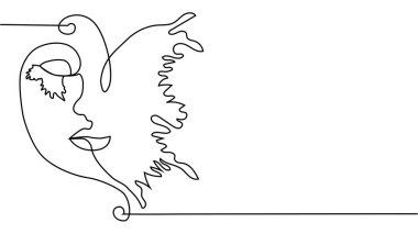 Portre minimalist stil. Yüzün yarısı dişi, yüzünün yarısı kelebek kanadı. Güzellik konsepti. Kirpikleri kelebeğin kanat hatlarını takip ediyor. İçerideki kadın.