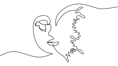 Portre minimalist stil. Yüzün yarısı dişi, yüzünün yarısı kelebek kanadı. Güzellik konsepti. Kirpikleri kelebeğin kanat hatlarını takip ediyor. İçerideki kadın.