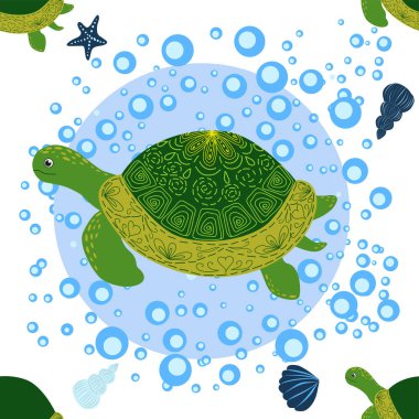 Kaplumbağa yeşili pürüzsüz desen, deniz kabukları arasında güzel bir karakter, deniz yosunu, denizyıldızı, deniz hayvanları, vahşi yaşam. Su altında doğa, okyanus hayvanat bahçesinde deniz yaban balığı.