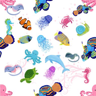 Deniz hayatı, balıklar, hayvanlar parlak, pürüzsüz desenler. Deniz yolculuğu, sualtı dalış yapan tropikal balıklar. Denizanası, balina, köpekbalığı, denizatı, palyaço balığı, yunus, kaplumbağa imparatoru balık ahtapot vatoz vatozu