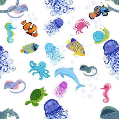 Deniz hayatı, balıklar, hayvanlar parlak, pürüzsüz desenler. Deniz yolculuğu, sualtı dalış yapan tropikal balıklar. Denizanası, balina, köpekbalığı, denizatı, palyaço balığı, yunus, kaplumbağa imparatoru balık ahtapot vatoz vatozu