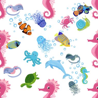 Deniz hayatı, balıklar, hayvanlar parlak, pürüzsüz desenler. Deniz yolculuğu, sualtı dalış yapan tropikal balıklar. Denizanası, balina, köpekbalığı, denizatı, palyaço balığı, yunus, kaplumbağa imparatoru balık ahtapot vatoz vatozu