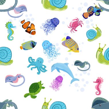 Deniz hayatı, balıklar, hayvanlar parlak, pürüzsüz desenler. Deniz yolculuğu, sualtı dalış yapan tropikal balıklar. Denizanası, balina, köpekbalığı, denizatı, palyaço balığı, yunus, kaplumbağa imparatoru balık ahtapot vatoz vatozu