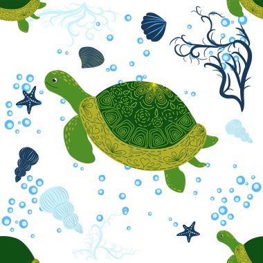 Kaplumbağa yeşili pürüzsüz desen, deniz kabukları arasında güzel bir karakter, deniz yosunu, denizyıldızı, deniz hayvanları, vahşi yaşam. Su altında doğa, okyanus hayvanat bahçesinde deniz yaban balığı.