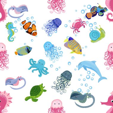 Deniz hayatı, balıklar, hayvanlar parlak, pürüzsüz desenler. Deniz yolculuğu, sualtı dalış yapan tropikal balıklar. Denizanası, balina, köpekbalığı, denizatı, palyaço balığı, yunus, kaplumbağa imparatoru balık ahtapot vatoz vatozu