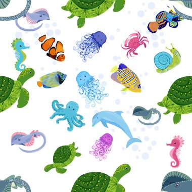 Deniz hayatı, balıklar, hayvanlar parlak, pürüzsüz desenler. Deniz yolculuğu, sualtı dalış yapan tropikal balıklar. Denizanası, balina, köpekbalığı, denizatı, palyaço balığı, yunus, kaplumbağa imparatoru balık ahtapot vatoz vatozu