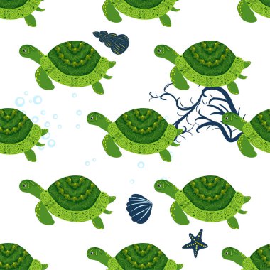 Kaplumbağa yeşili pürüzsüz desen, deniz kabukları arasında güzel bir karakter, deniz yosunu, denizyıldızı, deniz hayvanları, vahşi yaşam. Su altında doğa, okyanus hayvanat bahçesinde deniz yaban balığı.