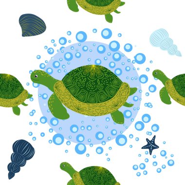 Kaplumbağa yeşili pürüzsüz desen, deniz kabukları arasında güzel bir karakter, deniz yosunu, denizyıldızı, deniz hayvanları, vahşi yaşam. Su altında doğa, okyanus hayvanat bahçesinde deniz yaban balığı.