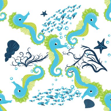 Deniz atı, deniz sakinleri kusursuz desen, deniz kabukları arasında güzel bir karakter, deniz yosunu, denizyıldızı, deniz yaban hayatı.