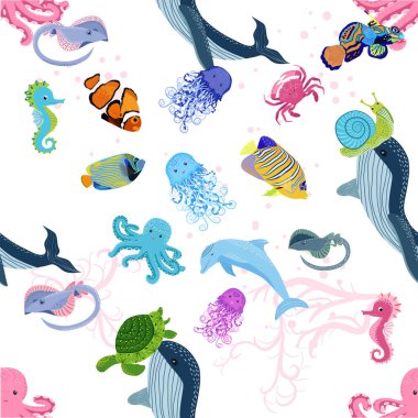 Deniz hayatı, balıklar, hayvanlar parlak, pürüzsüz desenler. Deniz yolculuğu, sualtı dalış yapan tropikal balıklar. Denizanası, balina, köpekbalığı, denizatı, palyaço balığı, yunus, kaplumbağa imparatoru balık ahtapot vatoz vatozu