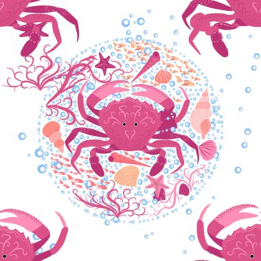 Yengeç deniz yaşamı, balıklar, hayvanlar parlak, pürüzsüz desenler. Deniz yolculuğu, hayvanlarla şnorkelle yüzme, tropik balıklar.