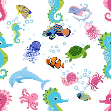 Deniz hayatı, balıklar, hayvanlar parlak, pürüzsüz desenler. Deniz yolculuğu, sualtı dalış yapan tropikal balıklar. Denizanası, balina, köpekbalığı, denizatı, palyaço balığı, yunus, kaplumbağa imparatoru balık ahtapot vatoz vatozu