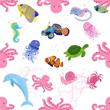 Deniz hayatı, balıklar, hayvanlar parlak, pürüzsüz desenler. Deniz yolculuğu, sualtı dalış yapan tropikal balıklar. Denizanası, balina, köpekbalığı, denizatı, palyaço balığı, yunus, kaplumbağa imparatoru balık ahtapot vatoz vatozu