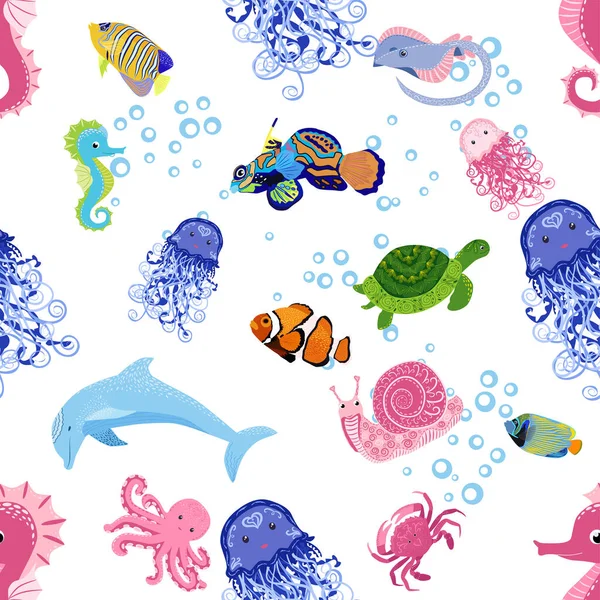 Deniz hayatı, balıklar, hayvanlar parlak, pürüzsüz desenler. Deniz yolculuğu, sualtı dalış yapan tropikal balıklar. Denizanası, balina, köpekbalığı, denizatı, palyaço balığı, yunus, kaplumbağa imparatoru balık ahtapot vatoz vatozu