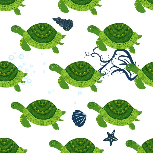 Kaplumbağa yeşili pürüzsüz desen, deniz kabukları arasında güzel bir karakter, deniz yosunu, denizyıldızı, deniz hayvanları, vahşi yaşam. Su altında doğa, okyanus hayvanat bahçesinde deniz yaban balığı.
