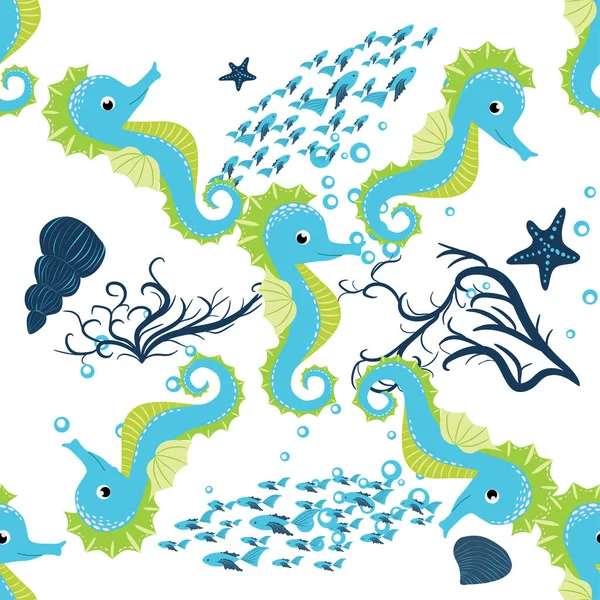 Deniz atı, deniz sakinleri kusursuz desen, deniz kabukları arasında güzel bir karakter, deniz yosunu, denizyıldızı, deniz yaban hayatı.