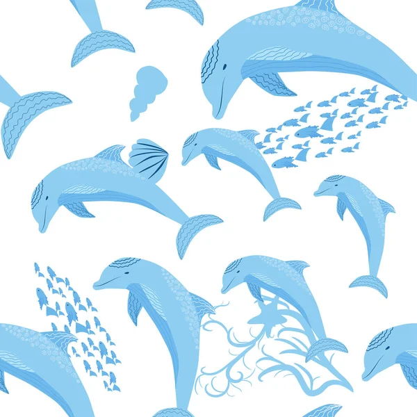Delphin Meeresbewohner Nahtloses Muster Wunderschöner Charakter Zwischen Muscheln Algen Seesternen — Stockvektor