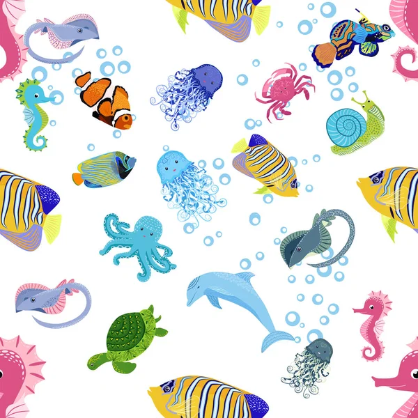 Marine Life Fish Animals Bright Seamless Pattern Sea Travel Underwater — Stock Vector