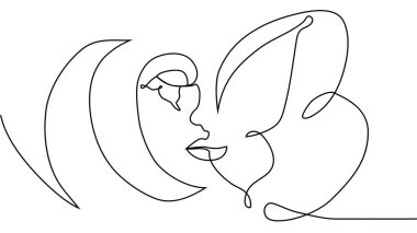 Portre minimalist stil. Yüzün yarısı dişi, yüzünün yarısı kelebek kanadı. Güzellik konsepti. Kirpikleri kelebeğin kanat hatlarını takip ediyor. İçerideki kadın.