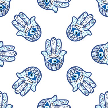 Hamsa gözü, sihirli göz kusursuz desen. Büyü, büyücülük, okült sembol. Mavi, beyaz, altın gözler. Kumaş tekstil duvar kağıdı