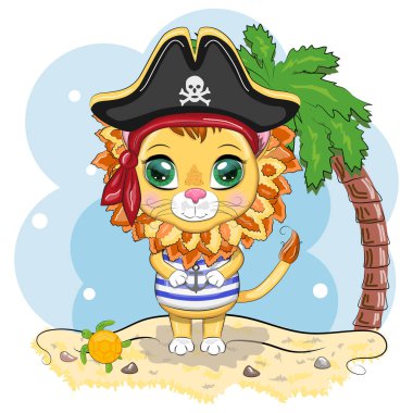 Aslan korsan, oyunun çizgi film karakteri, bandana takmış vahşi bir kedi ve kafatası ve göz bandıyla takılmış bir şapka. Sahilde parlak gözlü, palmiyeli bir karakter.