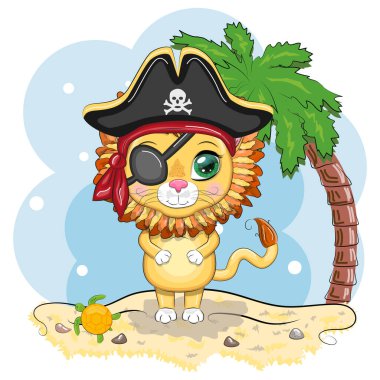 Aslan korsan, oyunun çizgi film karakteri, bandana takmış vahşi bir kedi ve kafatası ve göz bandıyla takılmış bir şapka. Sahilde parlak gözlü, palmiyeli bir karakter.