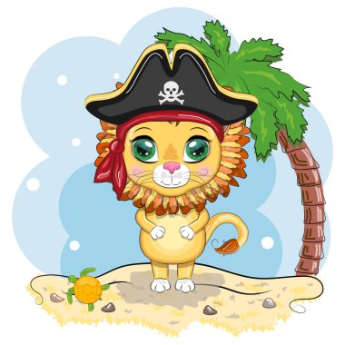 Aslan korsan, oyunun çizgi film karakteri, bandana takmış vahşi bir kedi ve kafatası ve göz bandıyla takılmış bir şapka. Sahilde parlak gözlü, palmiyeli bir karakter.