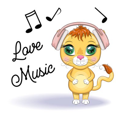 Güzel bir çizgi film, kulaklıklı aslan, müzik dinliyor, nota, tuş anahtarı..