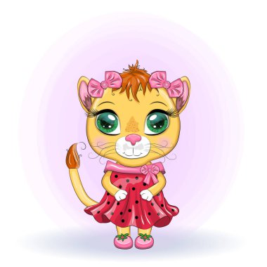 Çizgi film dişi aslanı, güzel bir elbise içinde, fiyonklu ve çiçekli. Üzerinde yazı olmayan şenlikli bir kartpostal. Kız karakteri, prenses.
