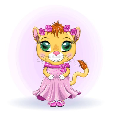 Çizgi film dişi aslanı, güzel bir elbise içinde, fiyonklu ve çiçekli. Üzerinde yazı olmayan şenlikli bir kartpostal. Kız karakteri, prenses.