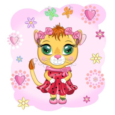 Çizgi film dişi aslanı, güzel bir elbise içinde, fiyonklu ve çiçekli. Üzerinde yazı olmayan şenlikli bir kartpostal. Kız karakteri, prenses.