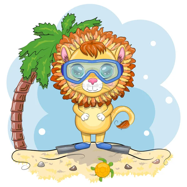 Cartoon Lion Flippers Swimming Circle Hat Glasses Character Beautiful Eyes — Stock Vector