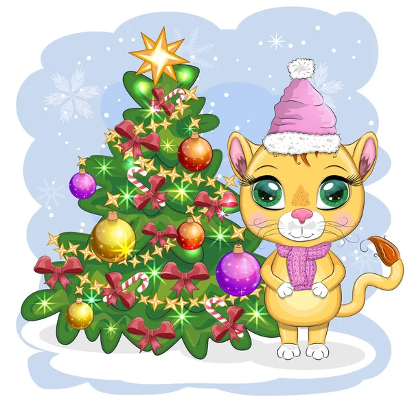 Cartoon Lion Winter Clothes Christmas Tree New Year Christmas Scarves — Stockvektor
