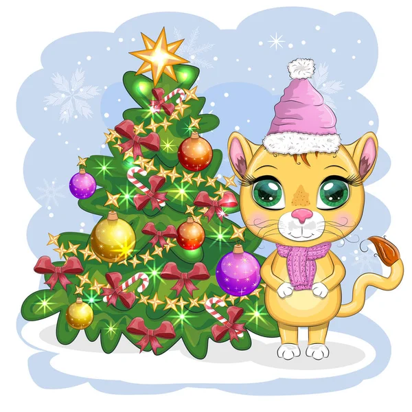 Lion Dessin Animé Vêtements Hiver Près Sapin Noël Nouvel Noël — Image vectorielle