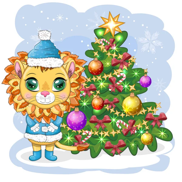 Cartoon Lion Winter Clothes Christmas Tree New Year Christmas Scarves — 图库矢量图片