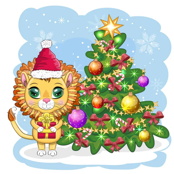 Cartoon Lion Winter Clothes Christmas Tree New Year Christmas Scarves — 图库矢量图片