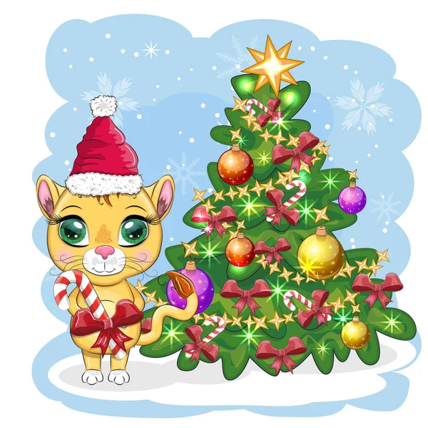 穿着冬衣的卡通狮子靠近圣诞树 新年和圣诞节 毛皮大衣 糖果手杖和球作为配件 — 图库矢量图片