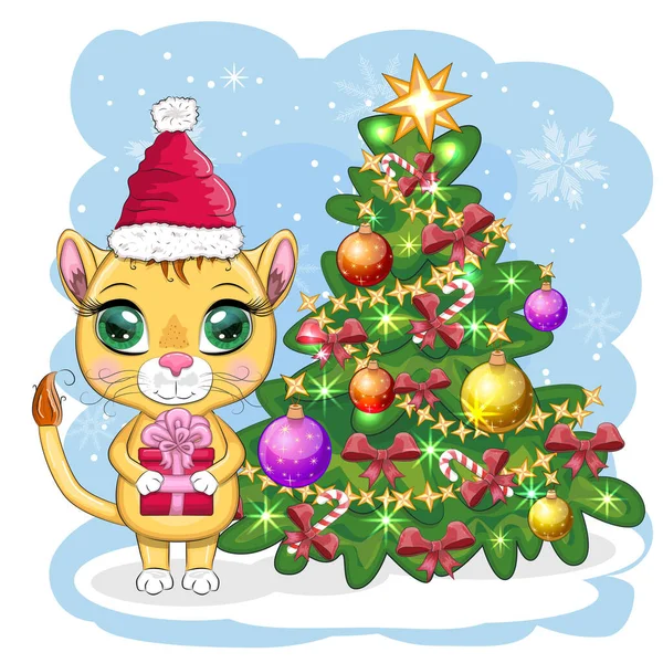 Lion Dessin Animé Vêtements Hiver Près Sapin Noël Nouvel Noël — Image vectorielle