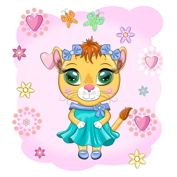 Cartoon Lioness Beautiful Dress Bows Flowers Festive Postcard Inscription Girl — Stock Vector