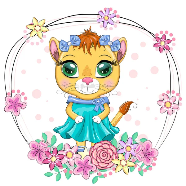 弓や花と美しいドレスの漫画のライオン 碑文のないお祭りのポストカード キャラクター姫 — ストックベクタ