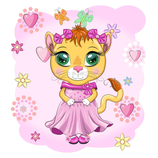 Cartoon Lioness Beautiful Dress Bows Flowers Festive Postcard Inscription Girl — Stockvektor