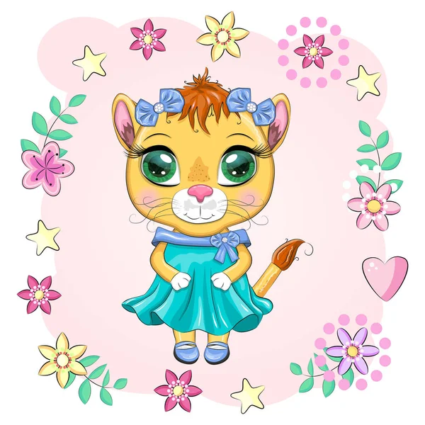 弓や花と美しいドレスの漫画のライオン 碑文のないお祭りのポストカード キャラクター姫 — ストックベクタ